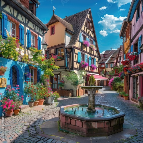 Colorful halftimbered houses in the city of Colmar, France with flower shop and fountain on sunny day. travel concept. , real photo photo