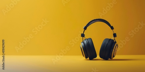 Modern black headphones on yellow background. Stylish audio accessory. photo