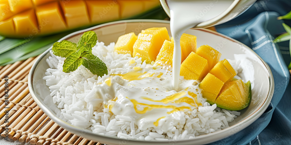 a plate of Thai mango and sticky rice, pouring coconut milk, generative AI a plate of Thai mango and sticky rice, pouring coconut milk, generative AI