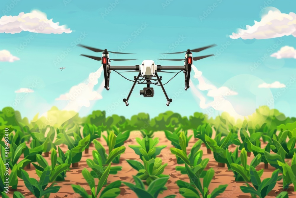 Isometric smart drones revolutionize farming with environmental technology, improving crop protection and agricultural inspection