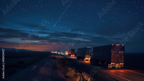 Night view of a container truck driving to deliver goods on an asphalt road in the middle of the desert with a view of the starry night sky.