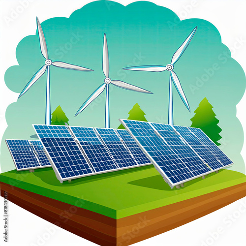 Conceptual image of renewable energy source, windmills and solar panels