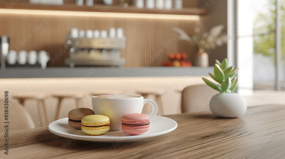 Fototapeta premium Espresso served with assorted macarons, Modern minimalist café interior