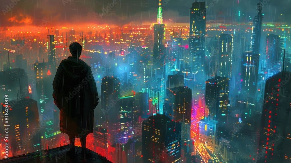 Silhouetted figure gazes over neon-lit futuristic metropolis