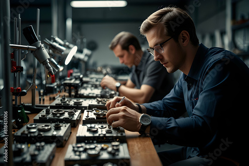 A professional photograph capturing Swiss individuals in a modern industrial setting, meticulously assembling watch movements with specialized tools and technical drawings on their workstations,UHD,8k