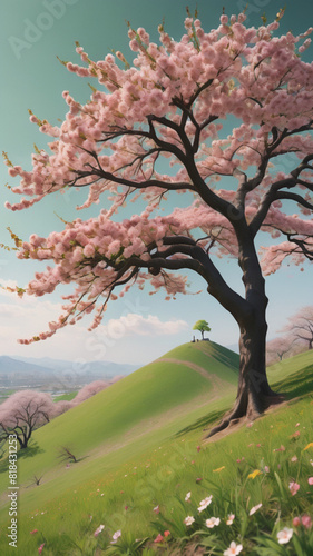 A sakura tree whose leaves are falling. It's on a hill. There are plains, green grass, and wildflowers all around. The day is clear and sunny. The style is realistic, photo 8k