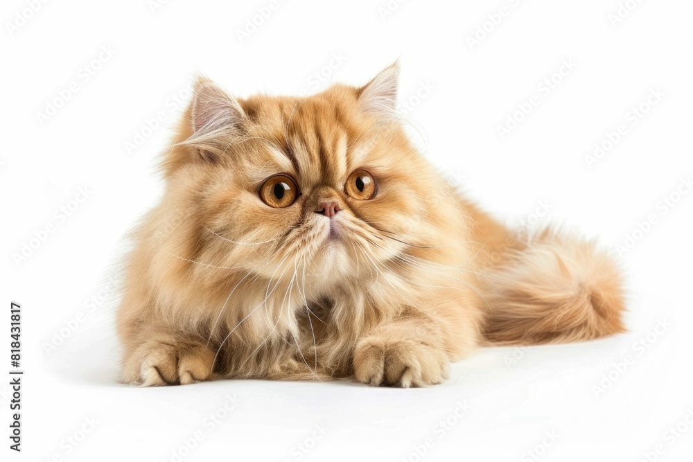 Fluffy Persian Cat Sitting on White Background with Reflection in Front, Pets, Beauty, Animals, Relaxation