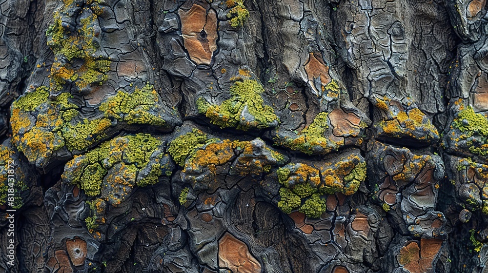 Crisp details of bark and moss on an ancient tree trunk Crisp details of bark and moss on an ancient tree trunk
