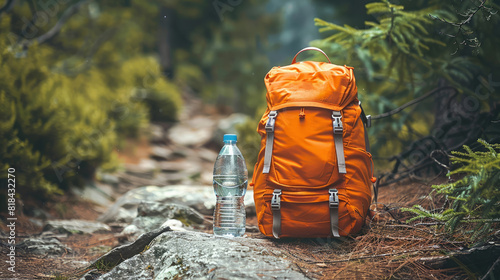 Vibrant orange backpack next to a clear water bottle on a desolate path