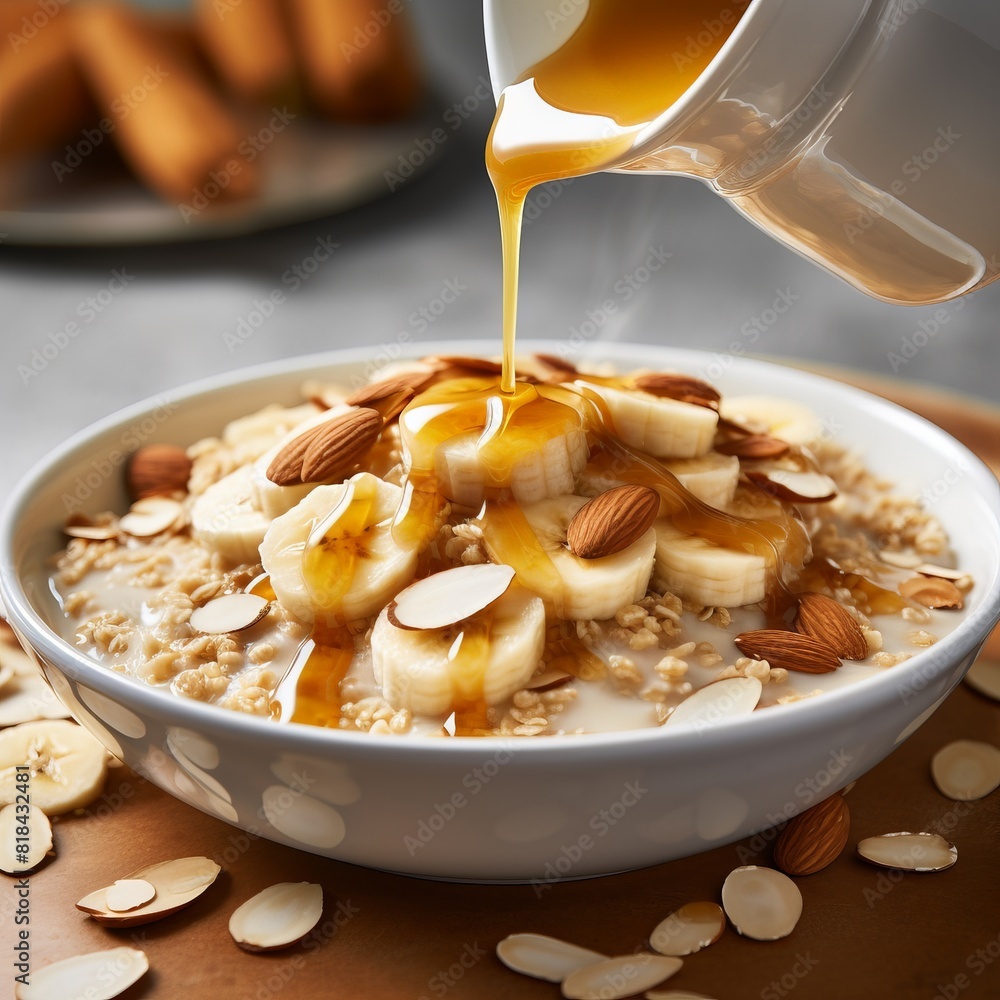 A bowl of oatmeal with bananas and almonds drizzled with honey A bowl of oatmeal with bananas and almonds drizzled with honey