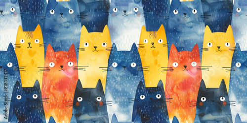 playful cartoon cats seamleass pattern with bold colors and dynamic shapes
