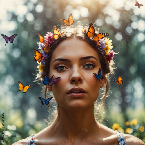  Illustration of a Beautiful Woman with Butterflies on Her Head.