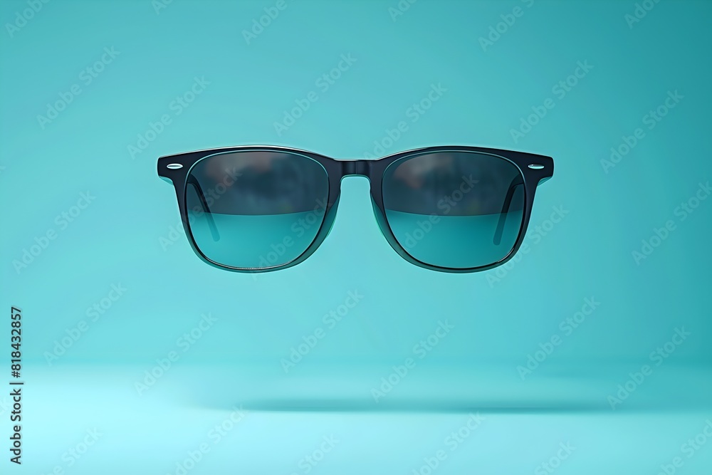 A pair of sunglasses is floating in the air on a blue background. The sunglasses are black and have a reflective surface. Concept of freedom and lightness, as if the sunglasses are defying gravity A pair of sunglasses is floating in the air on a blue background. The sunglasses are black and have a reflective surface. Concept of freedom and lightness, as if the sunglasses are defying gravity