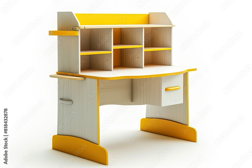 elegant white and yellow wooden kids study desk with bookshelf two tier isolated on white background elegant white and yellow wooden kids study desk with bookshelf two tier isolated on white background