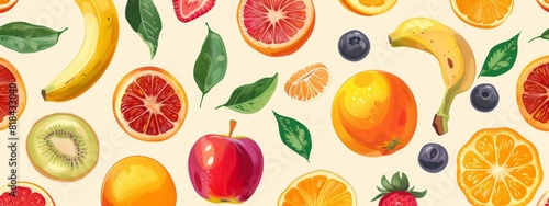 A pattern of different types of fruit like apples  oranges  and bananas. seamless illustration pattern.