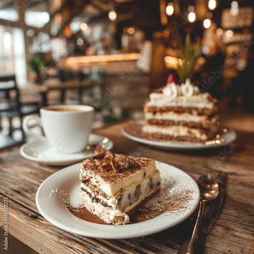 Cappuccino with a side of tiramisu  Cozy caf   with rustic wooden tables