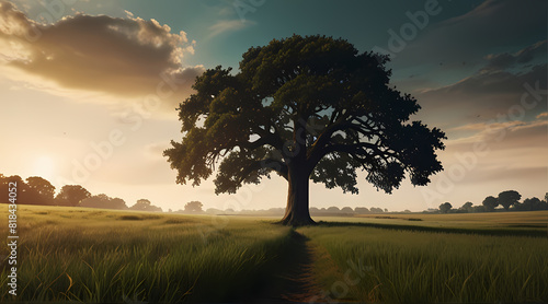 Illustration Background of a Large Tree in the Middle of a Grass Field