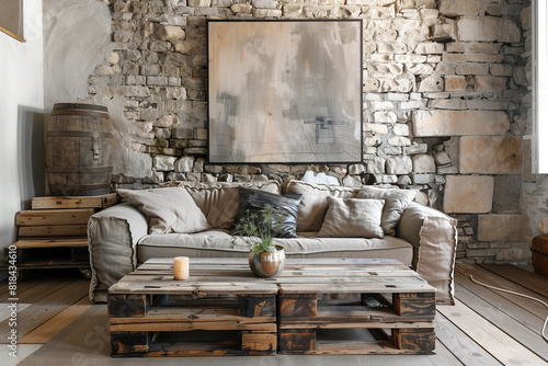 Old weathered barn wood coffee table near sofa against stone wall with big art poster. Loft interior design of modern living room home.