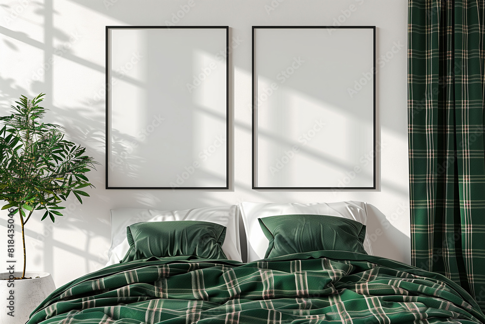Poster mockup with two vertical frames on empty white wall in bedroom ...