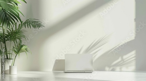 Minimalist white wall background with laptop and plants on the table  3D rendering 