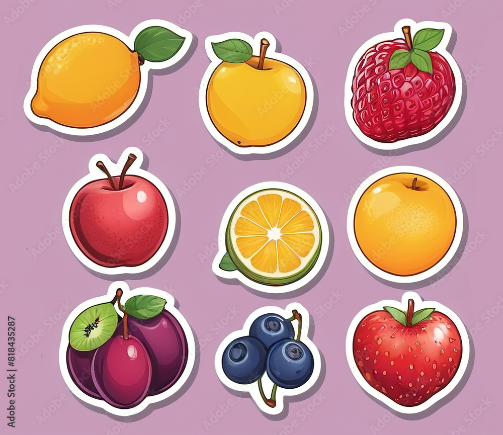 Stickers include fruits set lemon, banana, kiwi, strawberry, isolated background. Stickers include fruits set lemon, banana, kiwi, strawberry, isolated background.