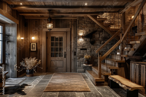 Rustic interior design of modern entrance hall with door in farmhouse. Created with generative AI