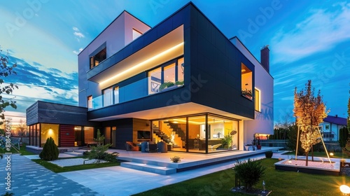 Modern house with black wood cladding and white LED lighting at night, exterior view, wide angle shot, photorealistic landscapes, architectural photography