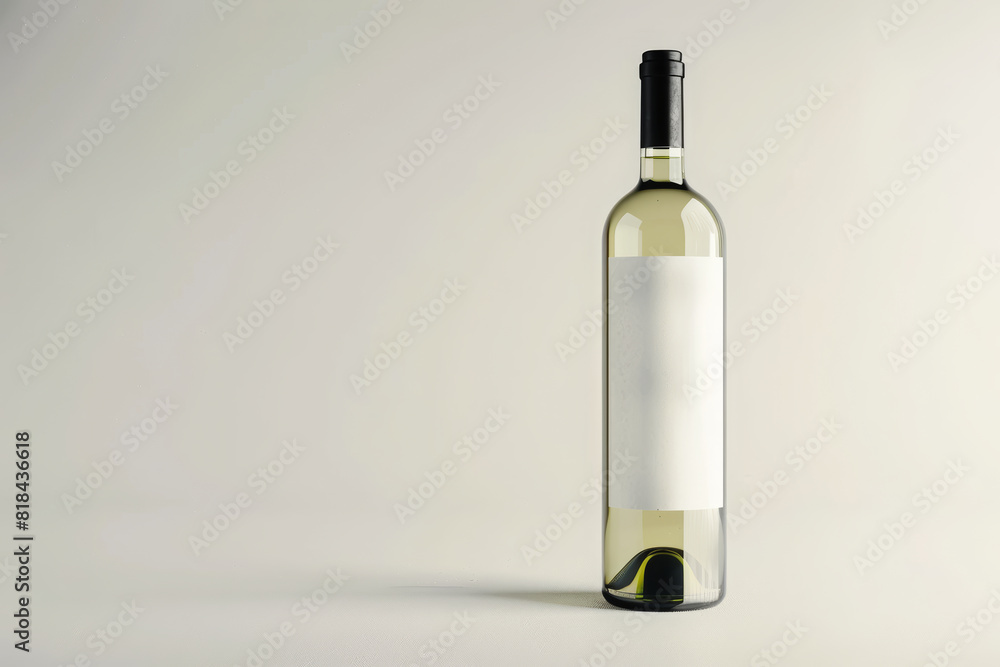A studio shot of a white wine bottle with a blank white label, placed against a clean, white background, simple and elegant, highlighting the bottle's shape and the label's minimalistic design. A studio shot of a white wine bottle with a blank white label, placed against a clean, white background, simple and elegant, highlighting the bottle's shape and the label's minimalistic design.