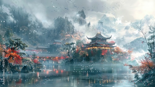 A landscape resembling Chinese ancient paintings.