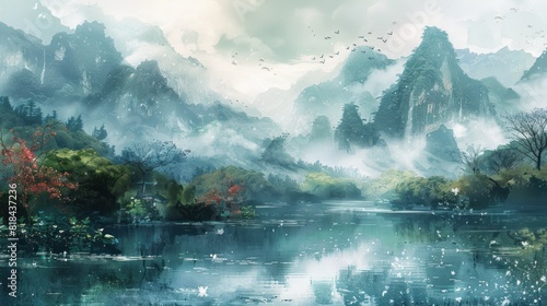A landscape that echoes the aesthetics of ancient Chinese art.