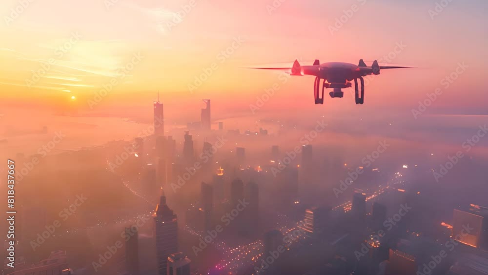 Drone Flying Over Cityscape at Sunrise with Ai generated.
Drone Flying Over Cityscape at Sunrise with Ai generated.