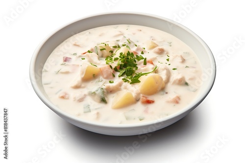 Chowder on a plate isolated on white background. Top view.
