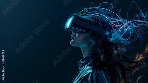 Beautiful woman with flowing hair in futuristic dress over dark background. Girl in glasses of virtual reality. Augmented reality, science, future technology, robots and people concept. VR