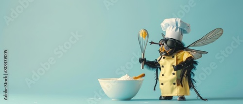 A blowfly in a chefs outfit, holding a whisk and standing beside a mixing bowl in front of a light blue background The blowfly looks ready to bake, with copy space on the left side photo