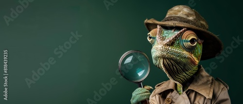 A chameleon wearing a detectives trench coat and hat photo