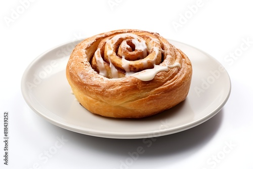 Cinnamon bun on a plate on white background.