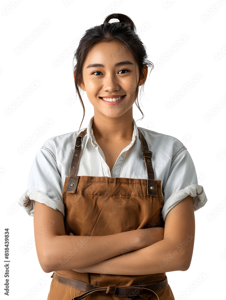 Beautiful young Asian woman barista with in brown apron standing with crossed arms wide smile isolated on white background. Small business startup owner or woman entrepreneur. Beautiful young Asian woman barista with in brown apron standing with crossed arms wide smile isolated on white background. Small business startup owner or woman entrepreneur.