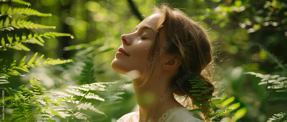 a beautiful woman taking a deep breath in the green forest a beautiful woman taking a deep breath in the green forest