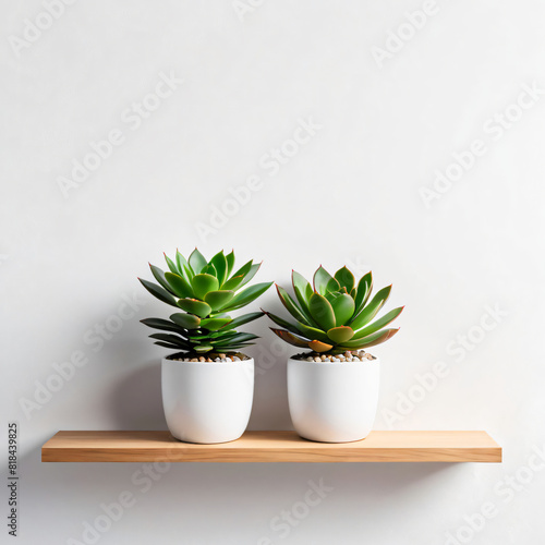 succulent plant on the shelf against empty wall mockup