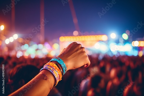 A woman is holding up her hand in a crowd of people photo