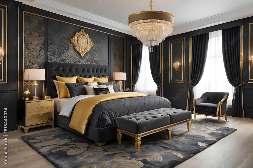 Royal luxury bedroom interior design, modern charcoal and golden ...