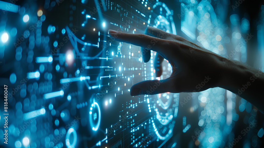 Digital technology, internet network connection concept. Finger touching on virtual screen with futuristic technology background, data exchange, digital transformation Digital technology, internet network connection concept. Finger touching on virtual screen with futuristic technology background, data exchange, digital transformation