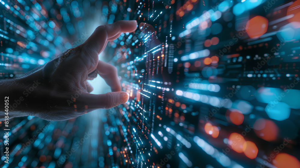 Digital technology, internet network connection concept. Finger touching on virtual screen with futuristic technology background, data exchange, digital transformation Digital technology, internet network connection concept. Finger touching on virtual screen with futuristic technology background, data exchange, digital transformation
