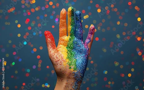 Close-up of a hand throwing rainbow-colored glitter, 'Pr1de' tattoo on wrist, minimal 2D vector illustration photo
