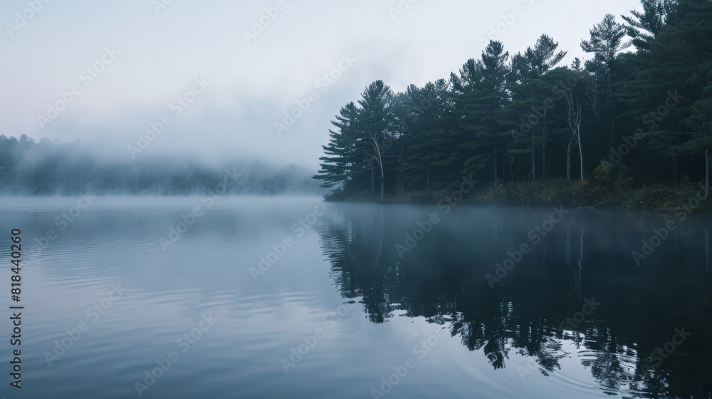 Fototapeta premium Serene lakeside at dawn with mist hovering over the water