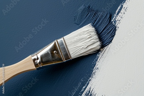 A paintbrush is used to paint a wall with blue and white paint