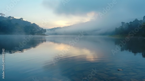 Serene lakeside at dawn with mist hovering over the water