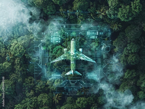 A futuristic top view of a green forest with a holographic lake in the shape of an airplane, surrounded by digital elements and neon lights, blending nature with hightech features
