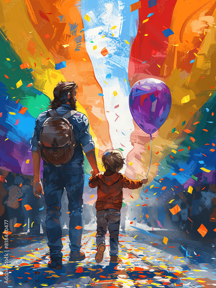 Two fathers with their child at a pride parade, viewed from behind, rainbow banners fluttering, minimal 2D vector design Two fathers with their child at a pride parade, viewed from behind, rainbow banners fluttering, minimal 2D vector design