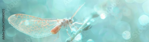 A lacewing dressed as a fairy, with delicate wings and a small wand in front of a pastel blue background The lacewing looks ethereal and magical, with copy space at the bottom